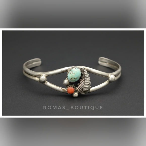 Navajo Jewelry - Vintage Native American Navajo sterling silver cuff bracelet turquoise and coral